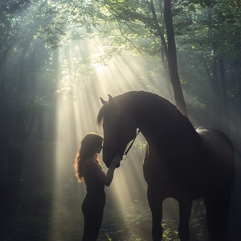 Here is a description of the image:

Silhouetted against a sunlit forest, a young woman gently rests her forehead against a large black horse.  Sunlight streams through the leaves, creating a mystical atmosphere. The woman's long hair flows down her back, and she is dressed in dark clothing. The horse stands patiently, its head slightly lowered. The scene evokes a sense of calm connection and serenity in nature. The overall mood is peaceful and ethereal, emphasizing the bond between the human and animal.