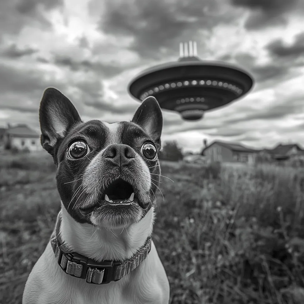 Here's a description of the image:

A black and white photo shows a Boston Terrier dog in the foreground, its mouth open in a surprised expression, wide-eyed, gazing upward. Behind the dog, a UFO hovers in the cloudy sky over a suburban landscape of houses and grassy fields.  The contrast between the everyday scene and the fantastical element creates a humorous and slightly surreal atmosphere. The image is sharply focused on the dog, with a softer background. The overall tone is playful.