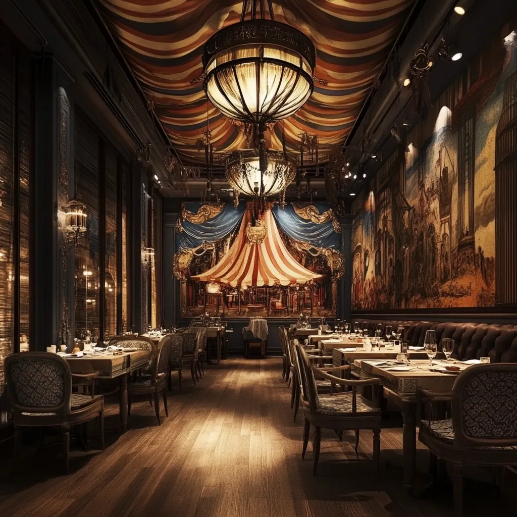 Here's a description of the image:

The photograph showcases a lavishly decorated restaurant interior.  Rich, dark wood flooring and walls contrast beautifully with the vibrant, striped ceiling reminiscent of a circus tent.  Large, ornate chandeliers illuminate the space, casting a warm glow on numerous tables set for dining.  Intricate murals, one depicting a carousel and the other a large-scale historical scene, adorn the walls, adding to the opulent atmosphere. The overall aesthetic blends classic elegance with whimsical circus-inspired elements.  The room exudes a sense of luxury and sophisticated charm.
