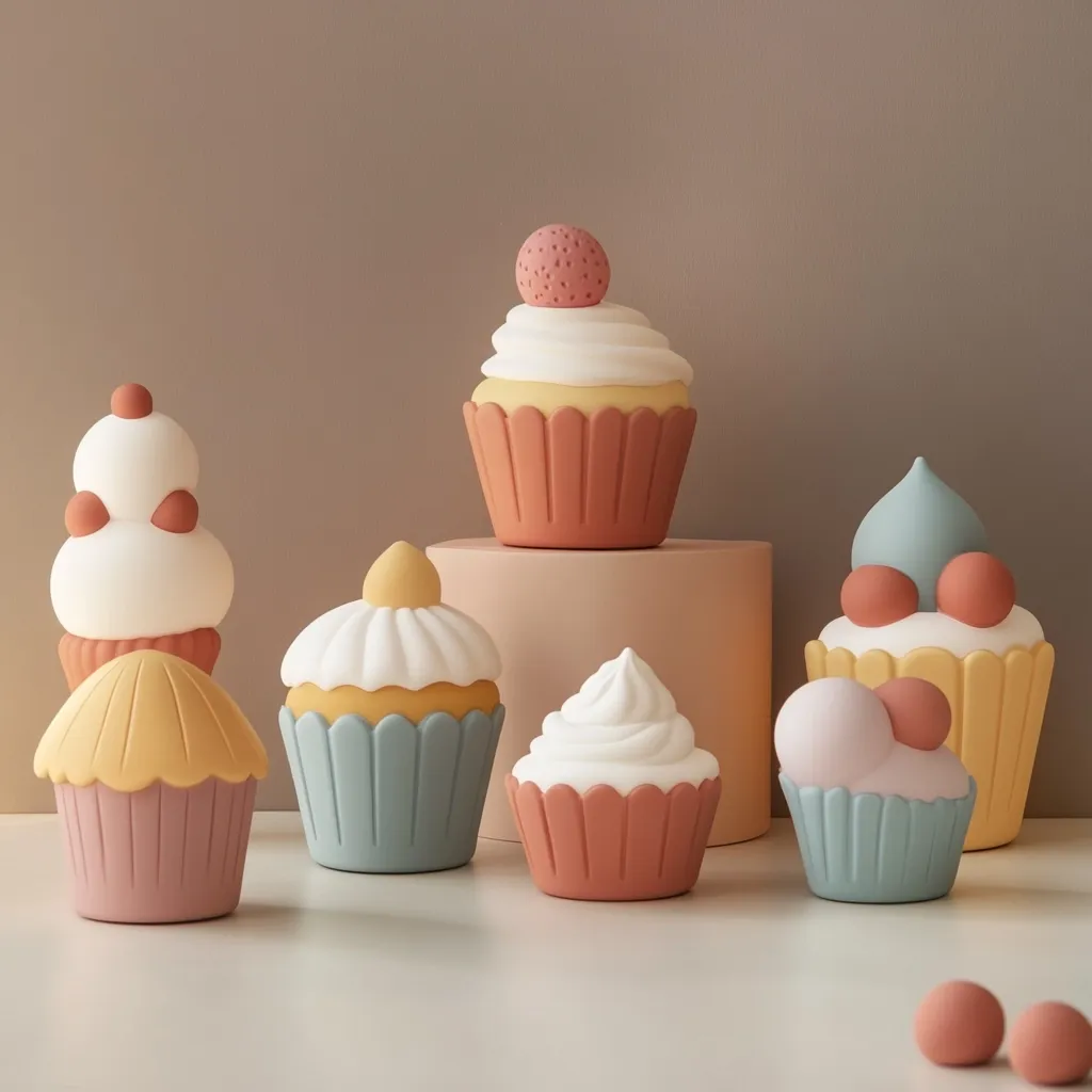 Seven pastel-colored cupcake figurines are arranged on a white surface, with a few small balls scattered nearby.  The cupcakes are in varying shades of peach, teal, and yellow, with white frosting and colorful decorative accents.  They are displayed on a pale peach-colored pedestal, creating a visually appealing and charming scene.  The overall style is minimalist and modern, suggesting a decorative or artistic purpose.