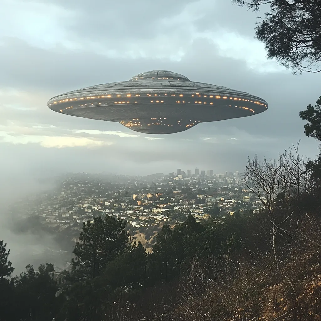 Here's a description of the image:

A large, classic saucer-shaped UFO hovers silently above a city shrouded in mist. The spacecraft is metallic gray with glowing lights along its rim. Below, a sprawling cityscape nestled in hills is partially obscured by a low-lying fog.  Trees and brush in the foreground create a natural frame for the scene, suggesting a hillside vantage point. The sky is overcast, contributing to a dramatic and mysterious atmosphere. The overall impression is one of science fiction, depicting a potential alien encounter.