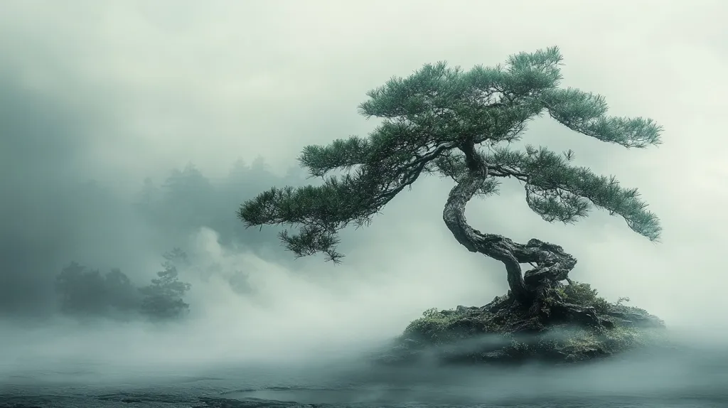 A solitary, gnarled pine tree stands on a small, misty island.  The tree's branches spread wide, creating a dramatic silhouette against the thick fog that envelops the surrounding landscape.  The water is calm, barely visible beneath the low-hanging clouds.  The overall mood is serene, almost mystical, with a muted color palette of grays and greens.  The scene evokes a feeling of quiet contemplation and the beauty of solitude in nature.