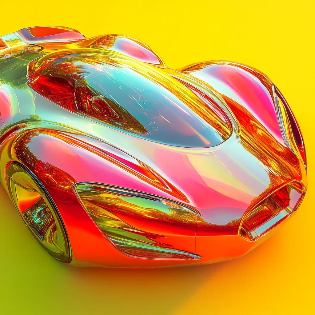 Here's a description of the image:

The image shows a futuristic, vibrant sports car rendered in a hyper-realistic style.  Its body is a shimmering blend of red, orange, and yellow, exhibiting an iridescent quality that reflects light in multiple colors. The car's design is sleek and aerodynamic, with smooth curves and a low profile. The large, transparent canopy offers a view of the sparse interior. The entire scene is set against a solid, bright yellow background, enhancing the car's already intense color palette.  The overall effect is one of polished, futuristic elegance and dynamism.
