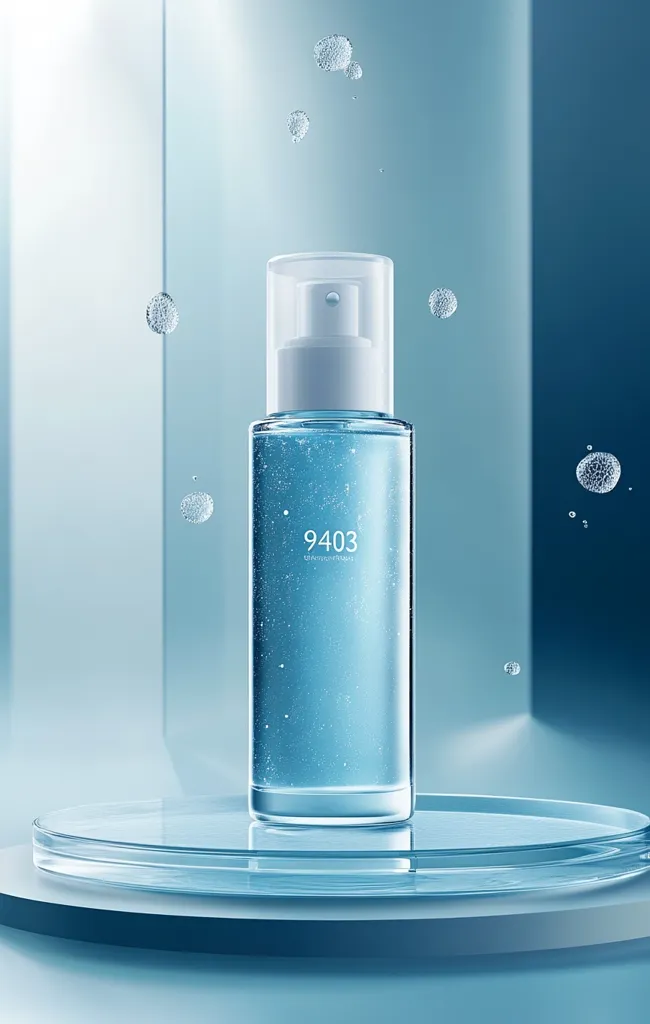 A sleek, light-blue glass bottle of skincare product, labeled "9403," sits on a circular glass platform.  The bottle features a white spray top and appears filled with a translucent, slightly bubbly liquid.  Small, dispersed bubbles float around the bottle against a muted blue background, creating a clean and airy aesthetic suggesting freshness and hydration. The overall image is minimalist and modern.