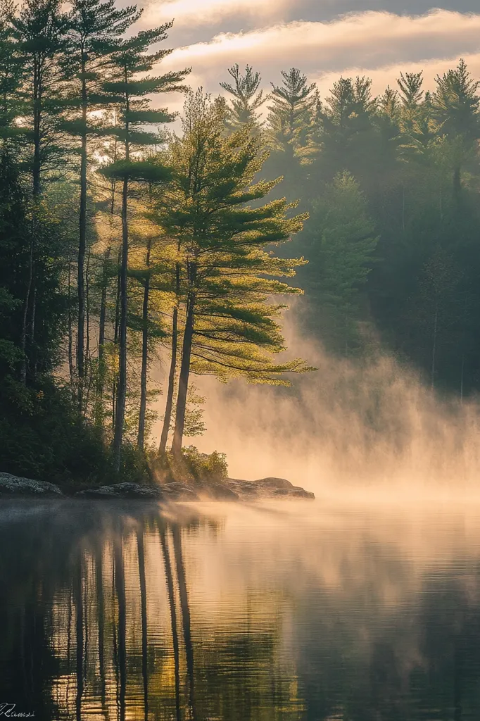 Here's a description of the image:

The photograph captures a serene sunrise scene on a tranquil lake.  Tall pine trees, bathed in the golden light of dawn, stand at the water's edge. A gentle mist hangs over the lake, creating a mystical atmosphere. The water is calm, reflecting the trees and the soft, hazy light.  The scene is peaceful and evokes a sense of tranquility and the beauty of nature's awakening.  The overall color palette is warm and muted, with shades of gold, brown, and green dominating the image.
