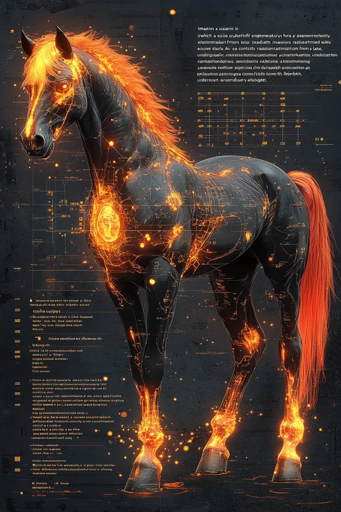 Here's a description of the image:

The image showcases a stylized dark horse, its mane and tail ablaze with fiery orange energy.  Intricate, glowing lines resembling circuitry or neural pathways course through its body, connecting to data points and text scattered across the background.  The overall aesthetic blends organic form with technological elements, creating a futuristic or otherworldly feel. The text appears to be a fictional scientific description or narrative related to the horse. The background is dark and moody, contrasting with the vibrant orange of the horse's fiery appendages.