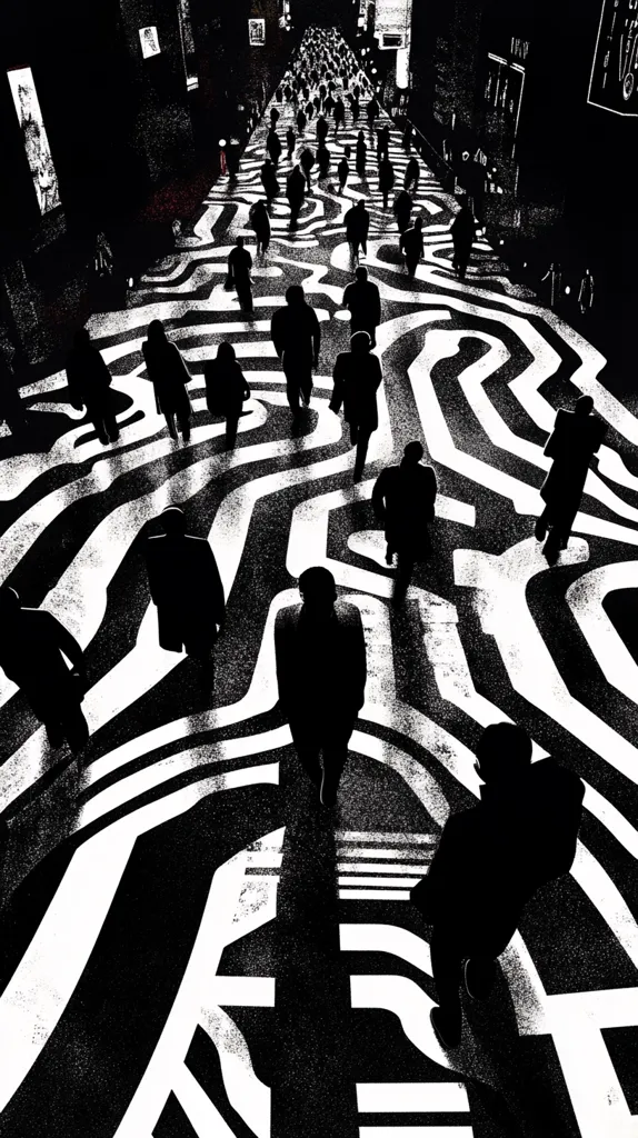 Here's a description of the image:

The image is a striking black and white illustration depicting a crowd of people navigating a labyrinthine pathway. The pathway is rendered in bold, contrasting black and white lines, creating a strong visual effect. The figures are silhouetted, uniform in their simplicity, and move along the winding path, their destination unclear. The overall mood is one of anonymity and a somewhat unsettling, surreal atmosphere. The perspective is from above, looking down upon the scene as if from a great height, adding to the feeling of detachment and observation.  The stark contrast and graphic style creates a powerful visual impact.