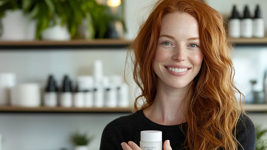 A smiling redhead woman with long, wavy hair holds a small, white jar of skincare product. She's dressed in a black shirt and is positioned in front of a blurred background showcasing shelves stocked with various skincare items and plants.  The overall setting suggests a clean, minimalist aesthetic, possibly within a beauty store or spa. The woman's confident expression and the product she holds highlight a feeling of beauty and wellness.