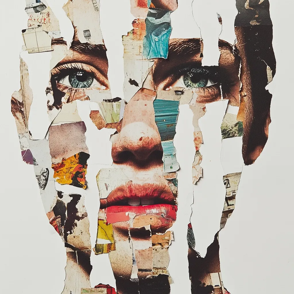 This abstract collage depicts a fragmented face, constructed from numerous small pieces of torn magazine and paper. The image focuses on the eyes and mouth, creating a sense of vulnerability and incompleteness.  The white background highlights the disjointed nature of the face, emphasizing the fractured identity suggested by the collage technique. The vibrant colors of the collage fragments contrast with the stark white, drawing attention to the details and the overall fragmented aesthetic.