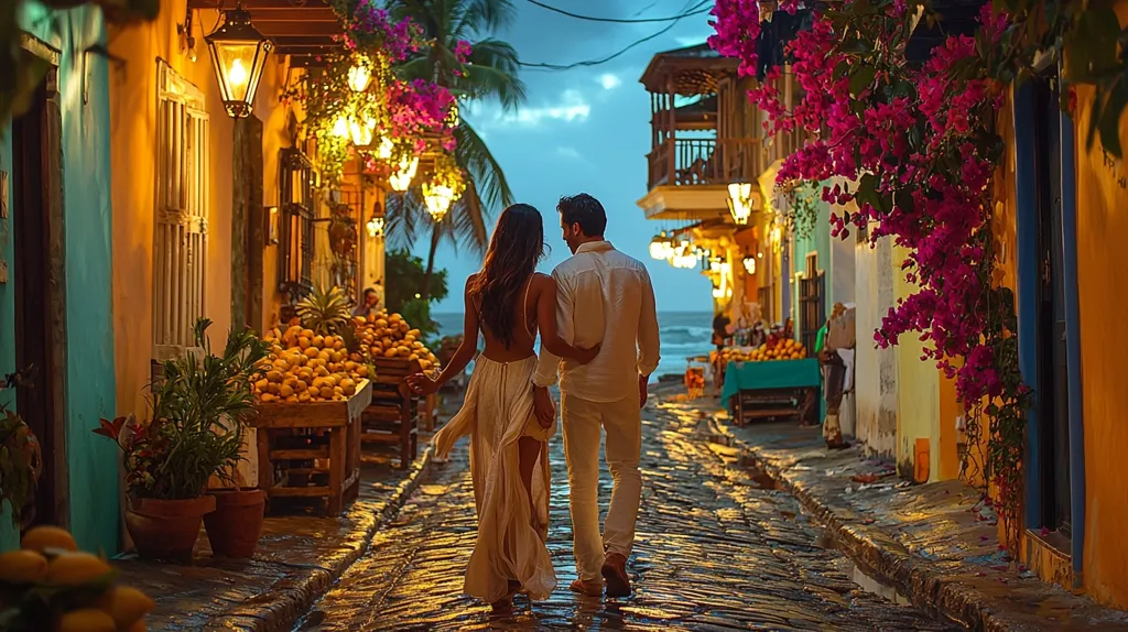 A romantic couple strolls down a charming, cobblestone street at twilight.  Warm, golden light spills from lanterns lining the colorful, historic buildings, draped with vibrant bougainvillea.  Fruit stands overflow with mangoes, adding to the picturesque scene. The ocean is visible in the distance, creating a serene and idyllic atmosphere. The couple's silhouette against the setting sun accentuates their intimacy.