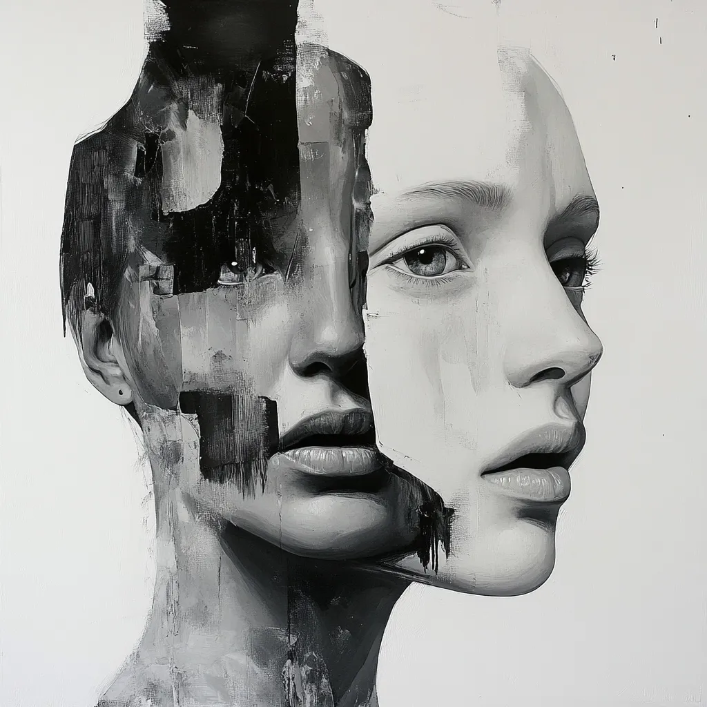 This monochromatic artwork depicts two female faces, seemingly merged. One face is rendered with smooth, realistic detail, while the other is fragmented and abstract, with bold brushstrokes creating a sense of deconstruction. The juxtaposition of these styles creates a powerful visual contrast, suggesting duality, fragmentation, or hidden layers of identity. The overall effect is both haunting and beautiful. The grayscale palette emphasizes the interplay of light and shadow, enhancing the emotional depth of the piece.