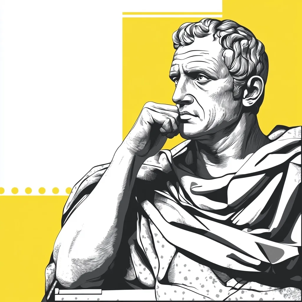 Here's a description of the image:

The image is a stylized black and white illustration of a bust of a Roman man, possibly a senator or emperor, set against a vibrant yellow background partially overlaid with white. The man is depicted in a contemplative pose, his hand resting on his chin. The detailed hatching and cross-hatching in the drawing create a sense of texture and depth, mimicking the look of a sculpted bust. The style is reminiscent of both classical sculpture and modern graphic art. The yellow background adds a contemporary pop-art element, contrasting with the classic subject matter. The white space on the left suggests a design element that might be used for text or additional imagery.