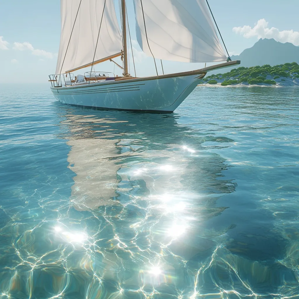 A classic sailboat, its white sails full, glides across calm, clear turquoise water.  The boat's reflection shimmers on the surface, dappled with sunlight.  A small, verdant island with low-lying vegetation forms a picturesque backdrop under a bright, cloud-streaked sky. The scene evokes a sense of serene tranquility and peaceful escape.