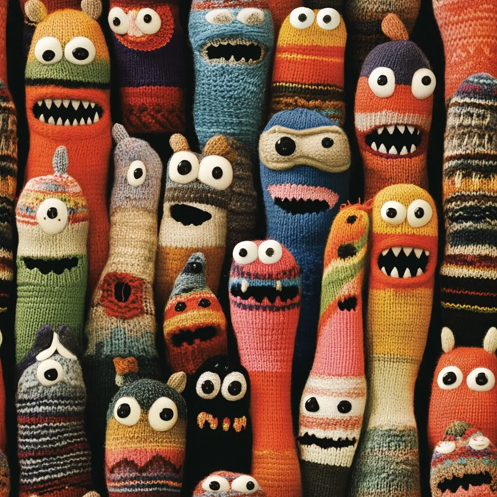 A dense collection of hand-knitted sock monsters fills the frame.  Each monster is unique, boasting varied colors, patterns, and facial expressions.  Large, expressive eyes are a common feature, along with toothy grins or scowls. The texture of the yarn is prominent, suggesting a handmade, whimsical quality. The overall effect is playful and slightly chaotic, a delightful jumble of colorful knitted creatures.