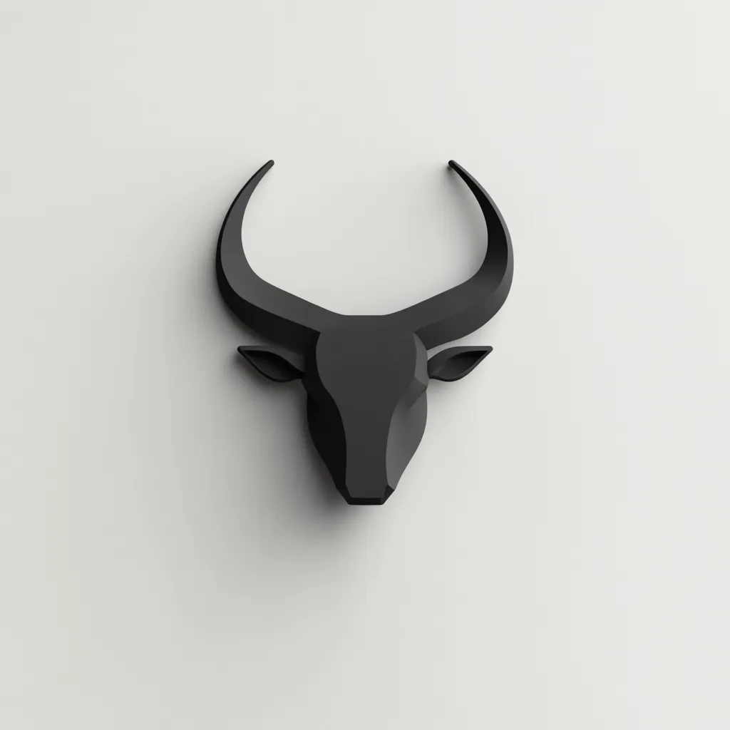 Here is a description of the image:

The image shows a minimalist, stylized bull's head against a plain white background.  The bull is depicted in a low-polygonal style, rendered in matte black. Its horns are long and elegantly curved, while the face is simplified but maintains the essence of a bull's form. The overall aesthetic is modern, clean, and subtly powerful. The contrast between the dark bull and light background highlights the sculpture's form.
