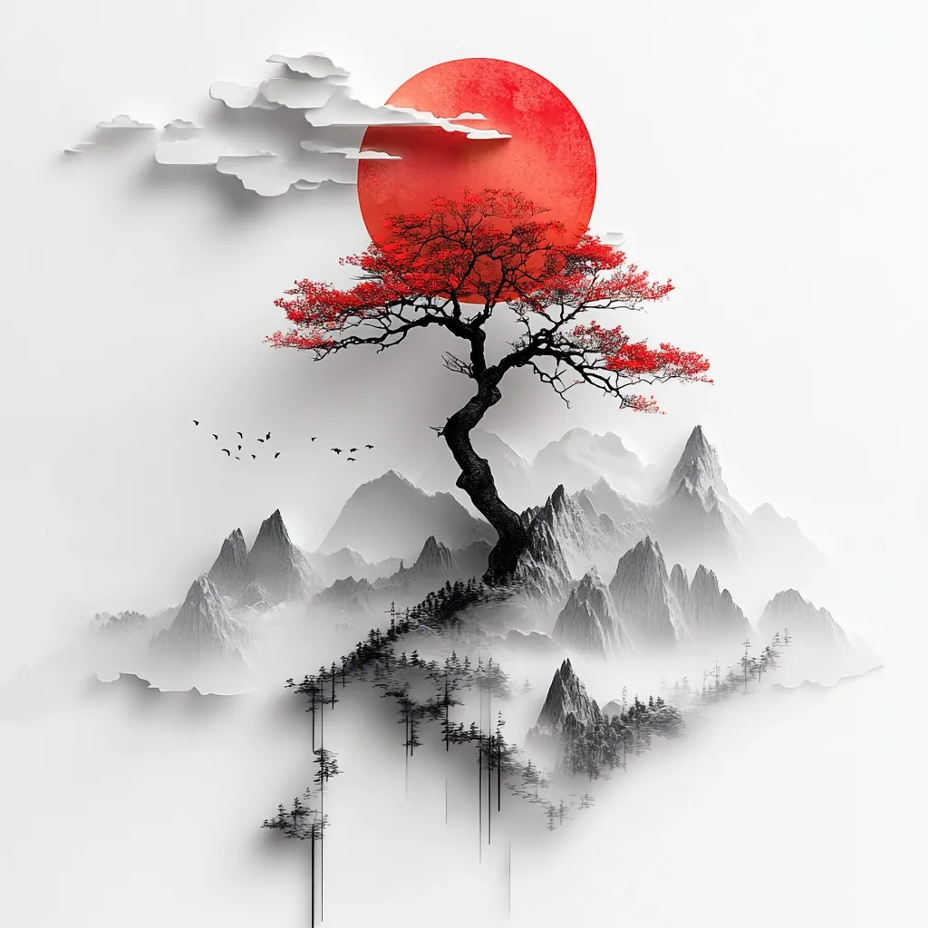 A minimalist digital artwork depicts a serene landscape.  A stylized, red-leafed tree stands prominently atop a misty, monochrome mountain range.  A large, red sun dominates the upper portion, partially obscured by wispy white clouds rendered in a paper-cut style.  The overall effect is one of tranquility and evokes a feeling of Eastern artistic influence, possibly inspired by Japanese or Chinese painting techniques.  Small, dark birds punctuate the sky, adding subtle movement to the otherwise peaceful scene.