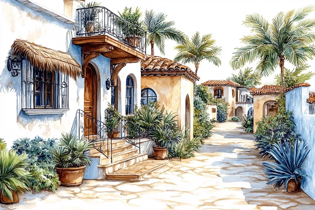Here's a description of the image:

The watercolor painting depicts a sun-drenched Mediterranean-style street scene.  A light-colored stucco building with a thatched roof awning and wrought-iron balcony dominates the foreground.  Steps lead to a wooden door. Lush potted plants and palm trees line the stone-paved street, creating a sense of warmth and tranquility.  Additional buildings in similar architectural style extend down the street, receding into the background under a clear sky. The overall style is bright and inviting, suggesting a peaceful, luxurious location.