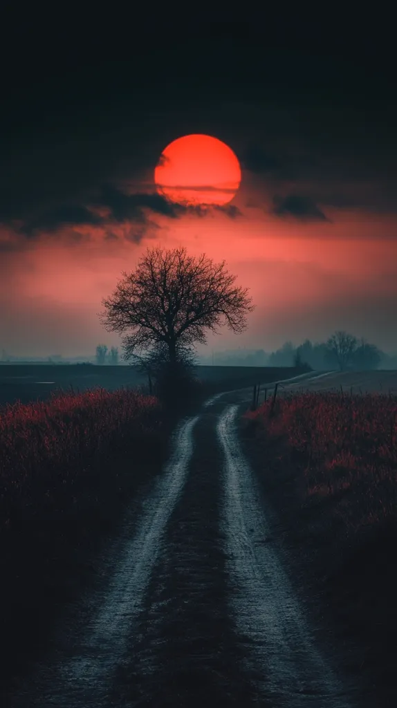 A lone, leafless tree stands sentinel beside a dirt road that vanishes into the distance under a dramatically red sunset. The sky is a fiery mix of dark crimson and deep shadows.  The large, blood-orange sun dominates the upper portion of the frame, casting a long, ominous glow across the fields.  The overall mood is somber and slightly eerie, with a stark contrast between the vibrant sky and the dark, silhouetted landscape.