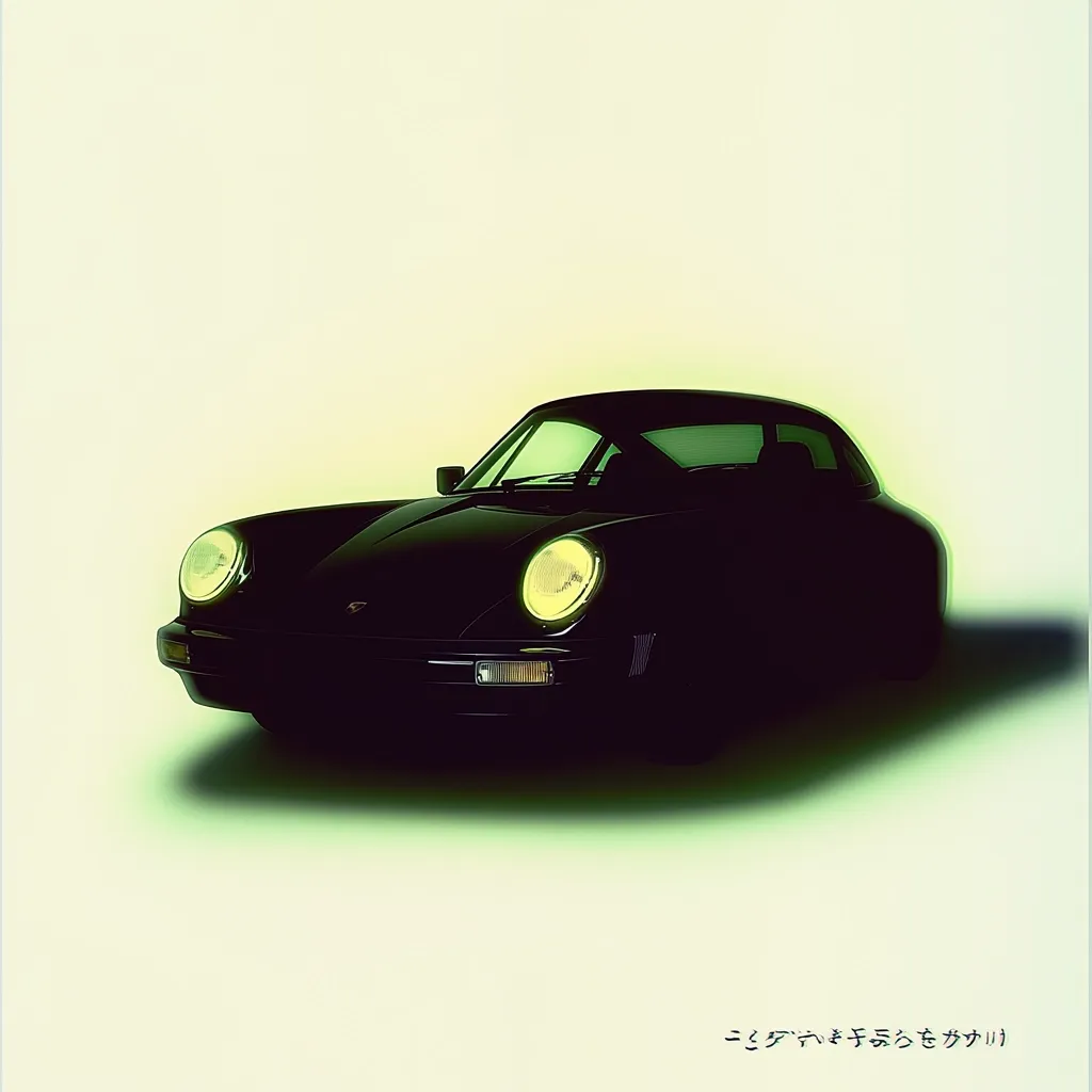 Here's a description of the image:

The image showcases a classic black Porsche 911 Carrera, subtly illuminated against a pale, almost pastel green background. The car is presented in a three-quarter view, angled slightly to the left, highlighting its sleek lines and iconic round headlights. The background is simple and uncluttered, drawing all attention to the vehicle. The image has a slightly vintage or retro feel due to the muted color palette and soft lighting.  Japanese text is visible at the bottom.