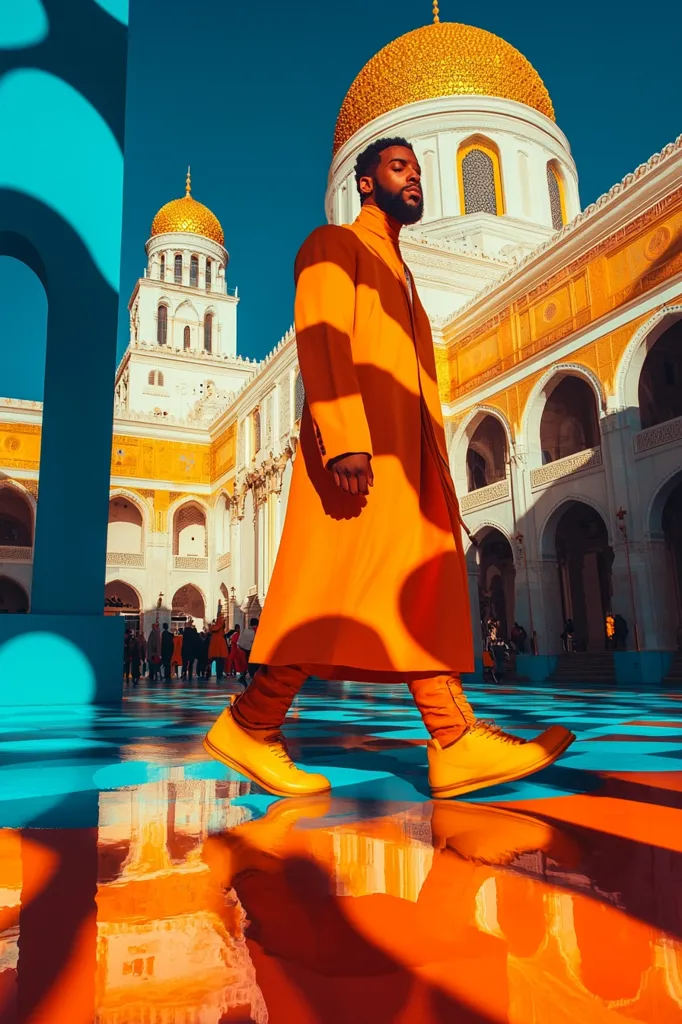 A man in a vibrant orange overcoat strides across a reflective surface, his figure casting a long shadow.  The background features a stunning golden-domed mosque, its intricate architecture and bright yellow walls creating a striking contrast with the man's attire and the teal ground. The scene is bathed in sunlight, emphasizing the bold colors and creating a sense of drama and visual impact.  Other figures are visible in the distance, dwarfed by the imposing building and the central figure's commanding presence.