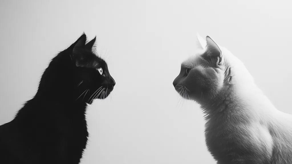 Here's a description of the image:

A black and white photograph shows two cats facing each other, their profiles clearly visible against a light gray background. The cat on the left is a sleek black feline, its fur appearing smooth and dark.  The cat on the right is a lighter-colored cat, possibly a Siamese or similar breed, with a pale, almost white coat.  Both cats appear alert, their gazes directed at each other, creating a sense of anticipation or interaction. The monochrome palette emphasizes the contrast between the cats' coats and enhances the overall minimalist aesthetic of the image.