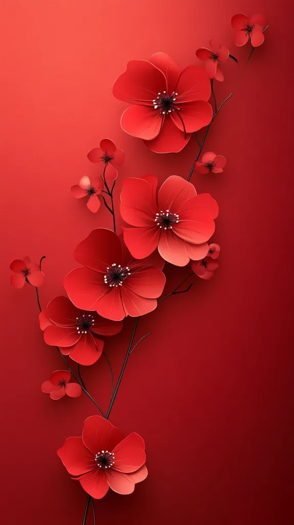 Here's a description of the image:

The image showcases a stylized floral arrangement against a vibrant red backdrop.  Several large, paper-like red blossoms, resembling poppies or anemones, are meticulously arranged along a slender, dark branch.  Smaller, similarly styled red flowers punctuate the branch, adding depth and texture. The overall effect is one of elegant simplicity, with the rich red tones creating a visually striking and harmonious composition.  The flowers appear almost three-dimensional, giving the impression of delicate paper craftsmanship.