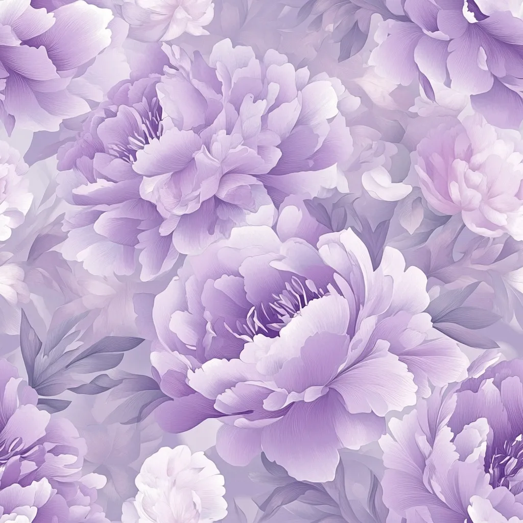 Here's a description of the image:

The image is a close-up shot of a seamless pattern featuring large, lavish lavender peonies. The peonies are rendered in a painterly style, with soft, blended colors and visible brushstrokes.  The overall tone is a soft, muted lavender, with subtle variations in shading that create depth and texture.  The background is a hazy, light lavender, allowing the peonies to be the focal point.  Greenery is subtly present, implying a lush floral arrangement, adding to the elegant and romantic feel. The pattern is ideal for fabrics, wallpapers, or other decorative applications.