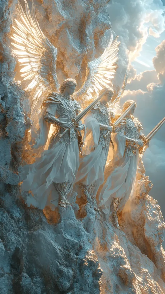 Three angelic figures, clad in flowing white robes and golden armor, stand on a rocky precipice.  Large, luminous wings extend from their backs. Each angel holds a sword, their expressions serene yet resolute.  The scene is bathed in a soft, ethereal light, with a cloudy sky providing a dramatic backdrop.  The overall impression is one of divine power and ethereal beauty.