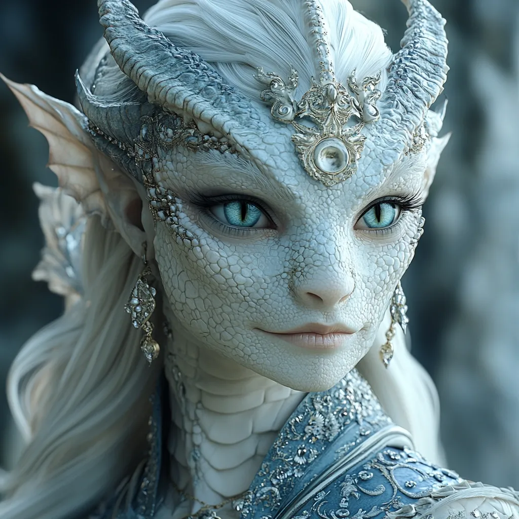 Close-up view of a digital rendering of a female dragon-like creature.  Her skin is white with a scaly texture, and she possesses horns, pointed ears, and what appear to be gills.  She has bright blue eyes and long, flowing white hair.  The creature wears ornate, silver-and-gold jewelry including a headpiece and earrings, and a blue, intricately embroidered garment. The overall aesthetic is elegant and otherworldly.