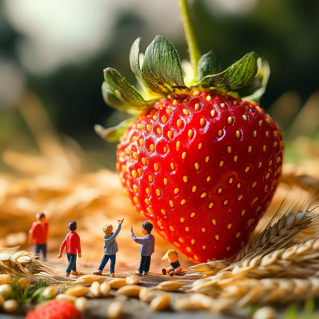 A whimsical scene depicts miniature people dwarfed by a colossal strawberry.  The vibrant red strawberry dominates the foreground, its numerous seeds clearly visible.  Tiny figures, seemingly children, stand around its base, their scale emphasizing the fruit's immense size.  The setting is a rustic, sun-drenched field, with wheat stalks surrounding the base of the strawberry, adding to the idyllic, fantastical atmosphere.  The image is sharp and detailed, showcasing both the strawberry's texture and the miniature people's clothing.