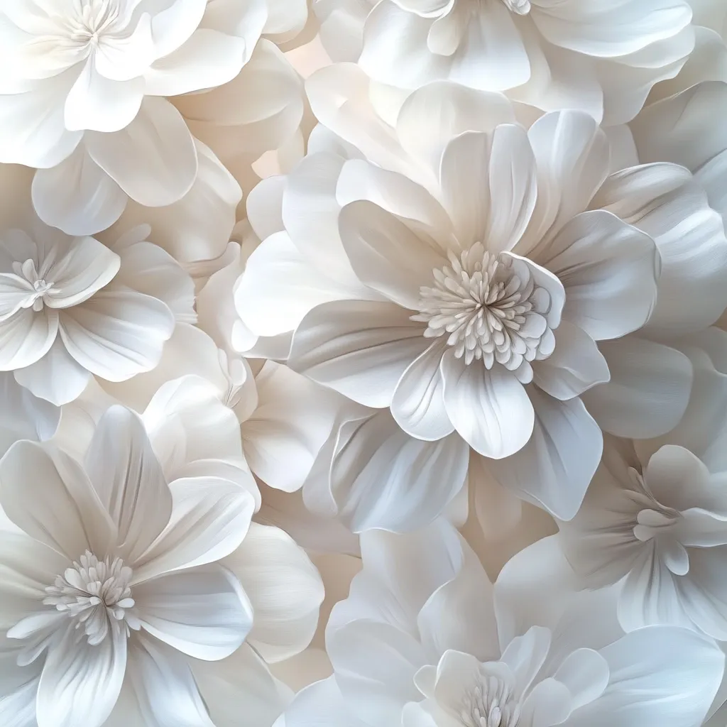 Here's a description of the image:

The image is a close-up shot of a dense cluster of large, intricately crafted paper flowers.  They are predominantly off-white or cream-colored, with varying shades creating depth and texture.  The flowers are layered, overlapping to create a three-dimensional effect, resembling a floral wall or backdrop. The petals are delicately formed, exhibiting a soft, almost fabric-like quality, suggesting a handmade or artistic creation rather than natural blooms. The overall impression is one of elegance, sophistication, and delicate beauty.