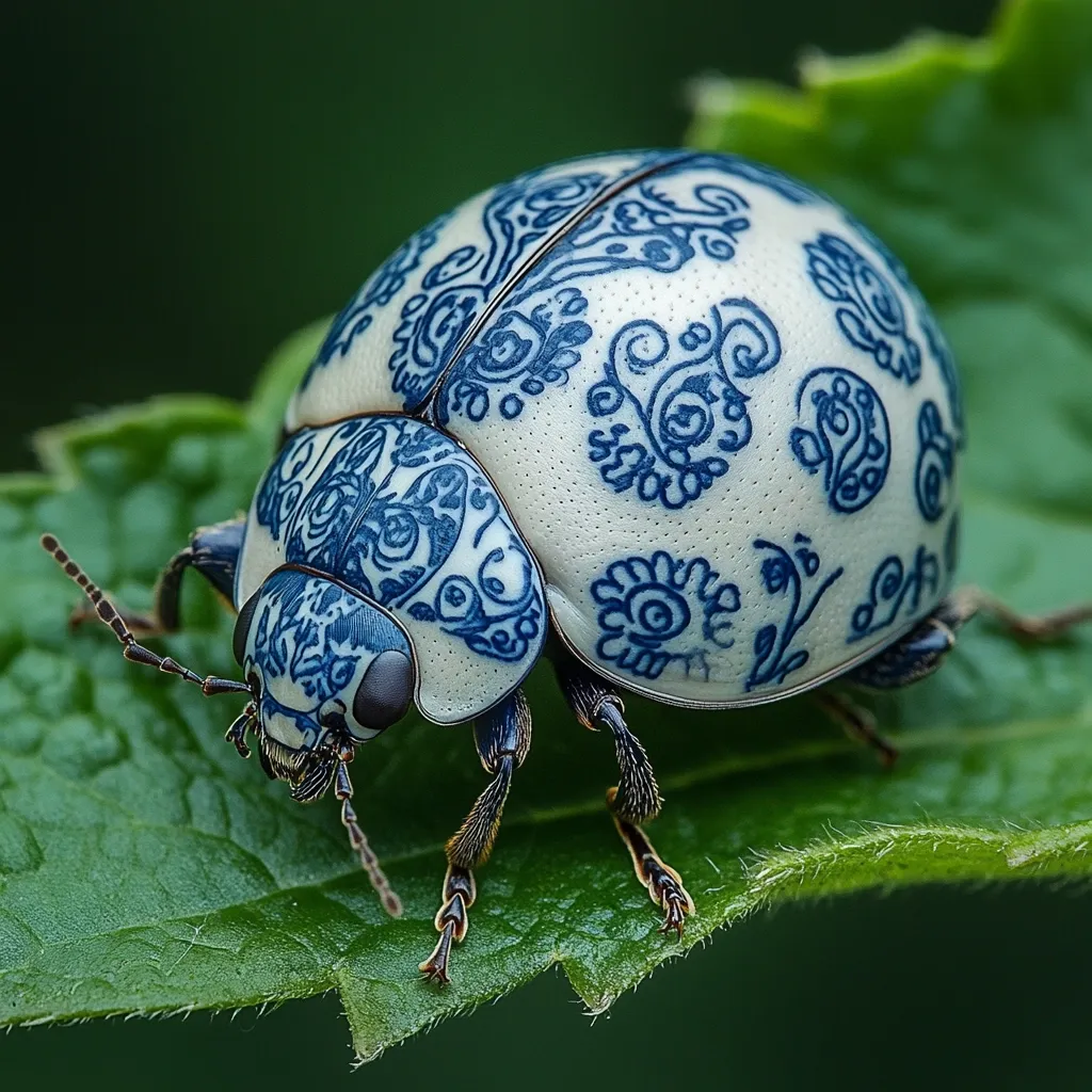 Here is a description of the image:

Close-up view of a beetle with a striking pattern on its shell. The beetle's shell is predominantly off-white or light cream, adorned with intricate, swirling blue designs reminiscent of Delftware or other blue-and-white pottery. The patterns are detailed and cover almost the entire shell. The beetle itself appears to have dark brown or black legs and head. It's positioned on a vibrant green leaf, providing a stark contrast to the beetle's colors. The background is blurred, focusing attention on the insect. The image quality is high, showcasing the intricate details of both the beetle and the leaf.