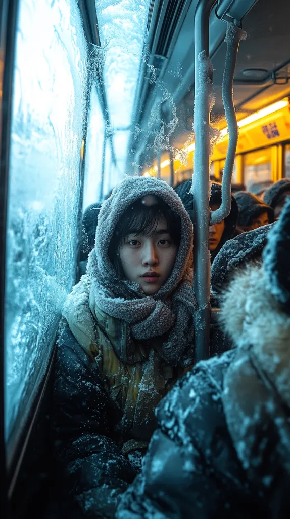A young woman, bundled in a thick, grey scarf and hooded jacket, sits on a snow-covered bus.  The bus windows are frosted over, and ice clings to the handrails.  Other passengers, equally bundled against the cold, surround her, creating a claustrophobic and frigid atmosphere.  The overall image evokes a sense of isolation and harsh winter conditions.  The scene is dimly lit, with a bluish-teal tone dominating the color palette.
