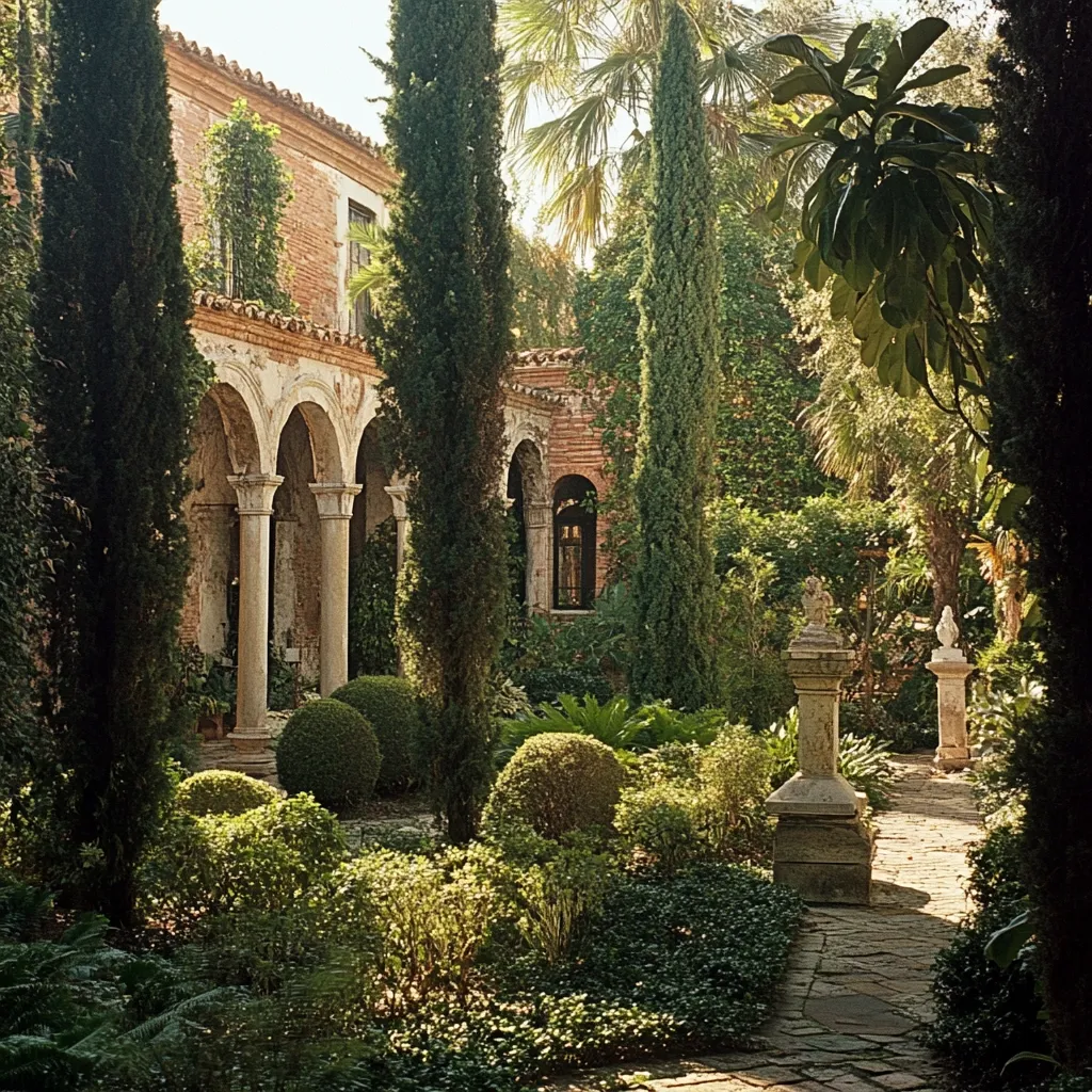 A sun-drenched courtyard garden unfolds before a weathered brick building, its arched cloisters hinting at a monastic past.  Tall, slender cypress trees frame the scene, their shadows falling on meticulously manicured hedges and boxwood shrubs.  Stone pathways wind through the greenery, leading to ornate stone garden features and statues, creating a tranquil and serene atmosphere.  The interplay of light and shadow accentuates the texture of the brick and the lushness of the vegetation.