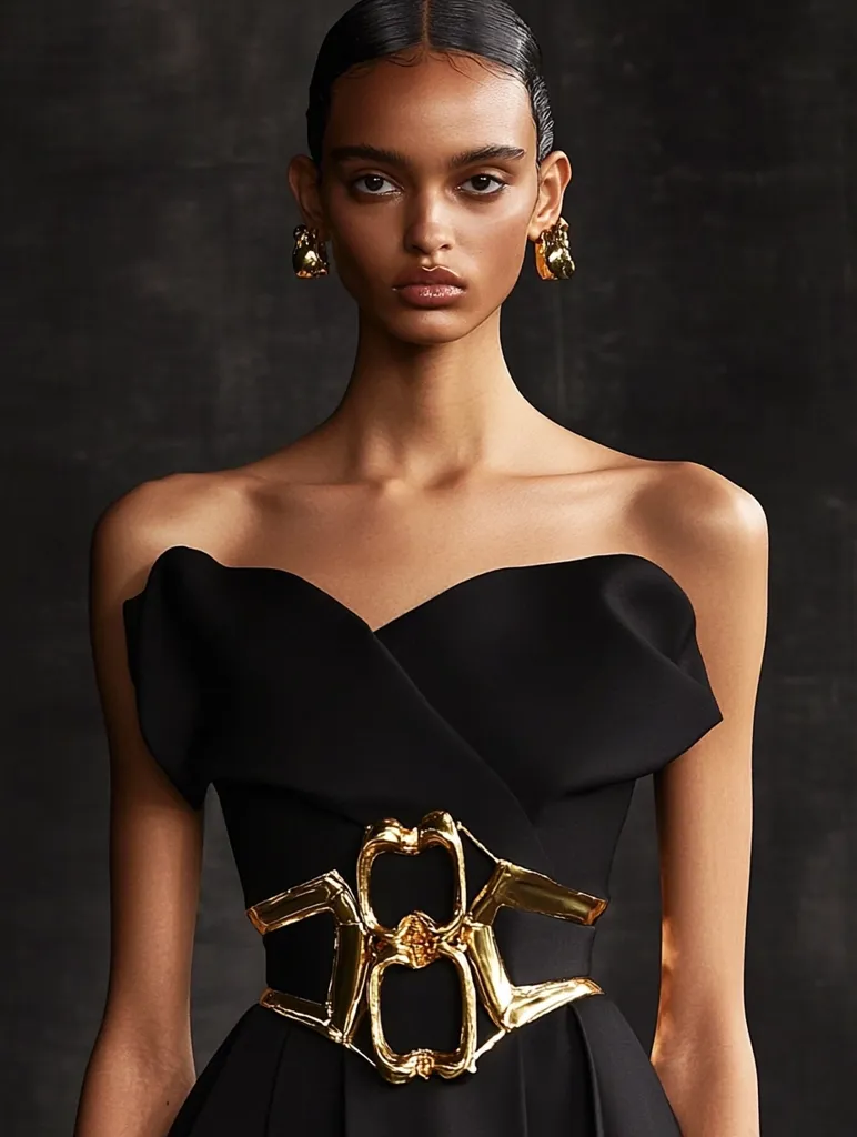 Here's a description of the image:

The photograph showcases a young woman with dark skin and hair pulled back in a sleek bun. She's wearing a strapless black dress with a dramatic, draped bodice and a striking gold belt featuring a large, ornate buckle.  The belt cinches her waist, accentuating the dress's form-fitting silhouette.  She also sports sizable gold hoop earrings. The backdrop is a dark, moody setting, focusing attention on the model and her attire. The overall aesthetic is one of high fashion and elegance.