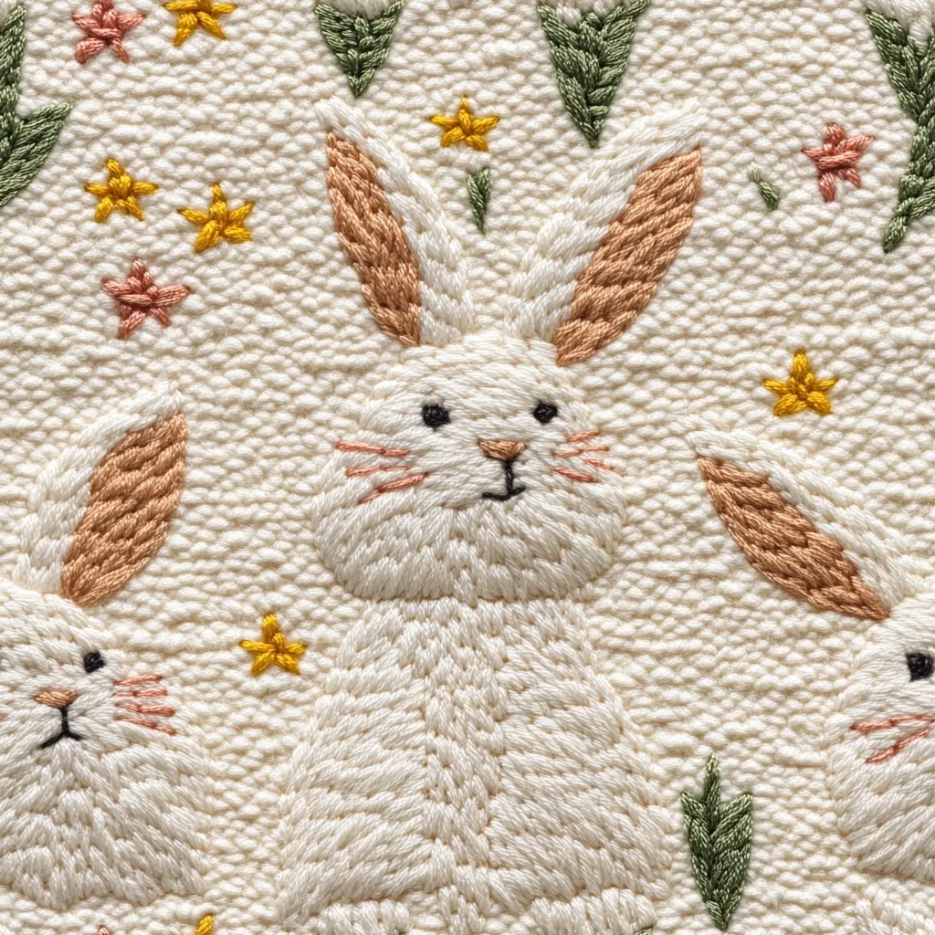 Close-up view of a needlepoint or embroidery piece depicting several white rabbits. The rabbits have peach-colored ears and whiskers, and are surrounded by simple embroidered flowers and leaves in muted greens and yellows on a cream-colored background.  The textured fabric shows the individual stitches clearly, creating a charming, handmade aesthetic.  The style is reminiscent of children's illustrations.