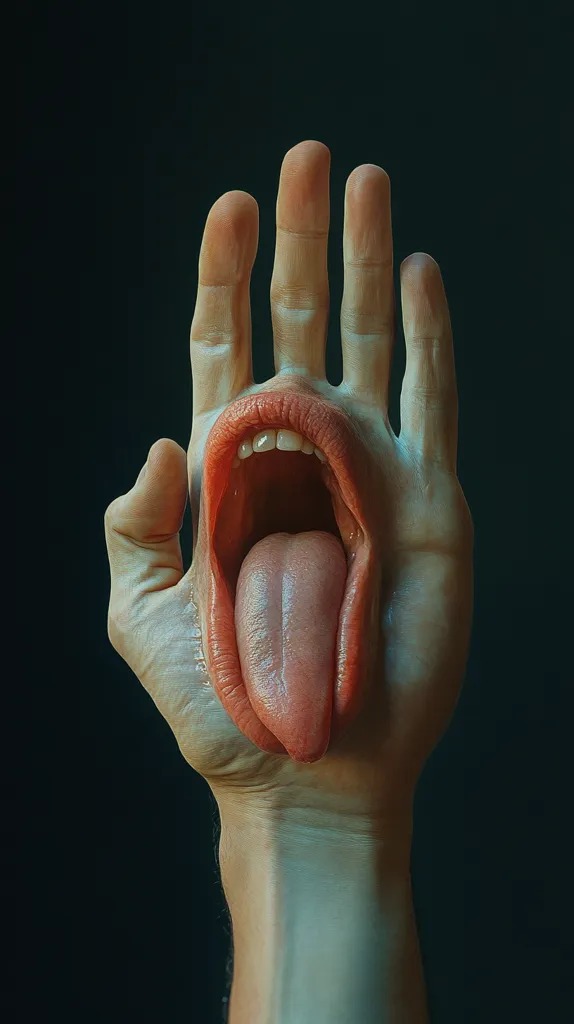 The image is a close-up of a person's hand, digitally altered to show a large, open mouth with a tongue extending from it, replacing the palm. The hand is light-skinned, and the mouth is realistically rendered with visible teeth and pink lips.  The overall effect is surreal and somewhat unsettling, creating a striking visual contrast between the organic and the unexpected. The background is a dark, muted teal.
