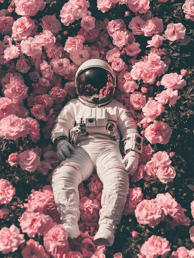An astronaut in a pristine white spacesuit reclines amidst a dense bed of pale pink roses.  The contrast between the stark white of the suit and the soft, delicate roses creates a surreal and dreamlike scene.  The astronaut's helmet reflects a blurred image of the surrounding flowers, further emphasizing the otherworldly juxtaposition. The overall mood is peaceful and slightly melancholic, suggesting a moment of quiet contemplation in an unexpected and beautiful setting.