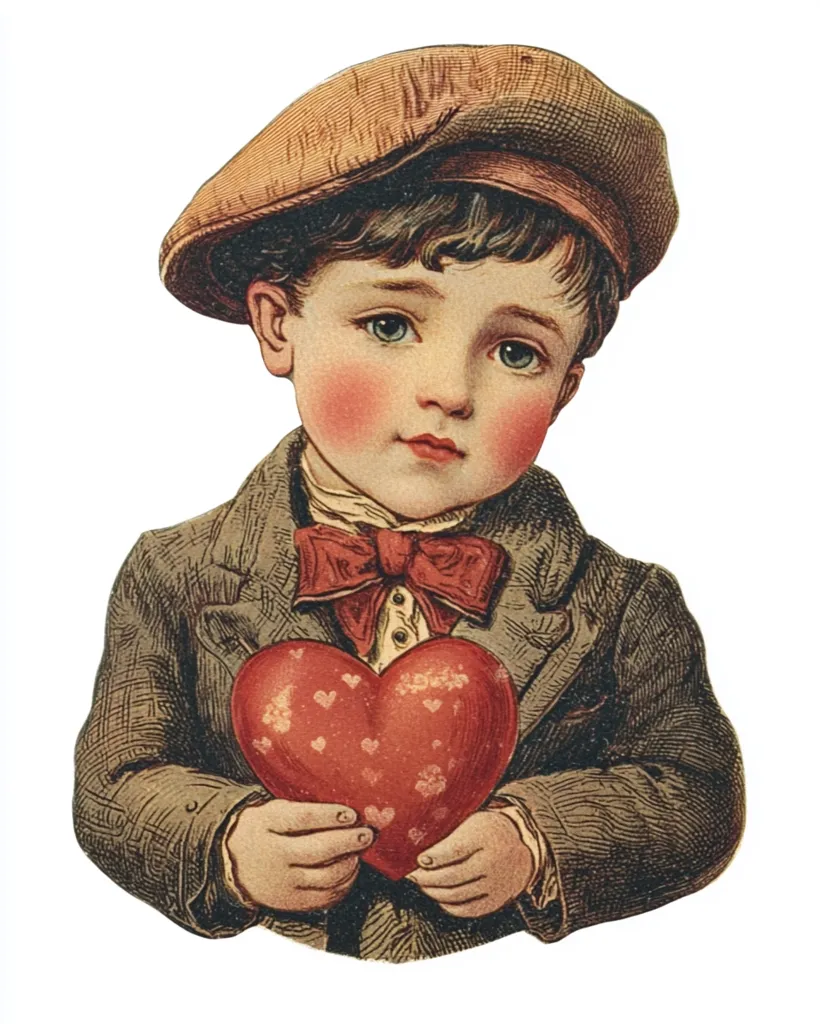 Here's a description of the image:

An antique illustration depicts a young boy, possibly from the late 19th or early 20th century, wearing a brown newsboy cap and a dark gray suit jacket.  His rosy cheeks are prominent, and he holds a large, red heart-shaped object decorated with smaller hearts and floral patterns. The boy's expression is serious and slightly melancholic. The image style is reminiscent of vintage Valentine's Day cards or children's book illustrations, with detailed shading and coloring. The background is pure white, making the boy the sole focus.