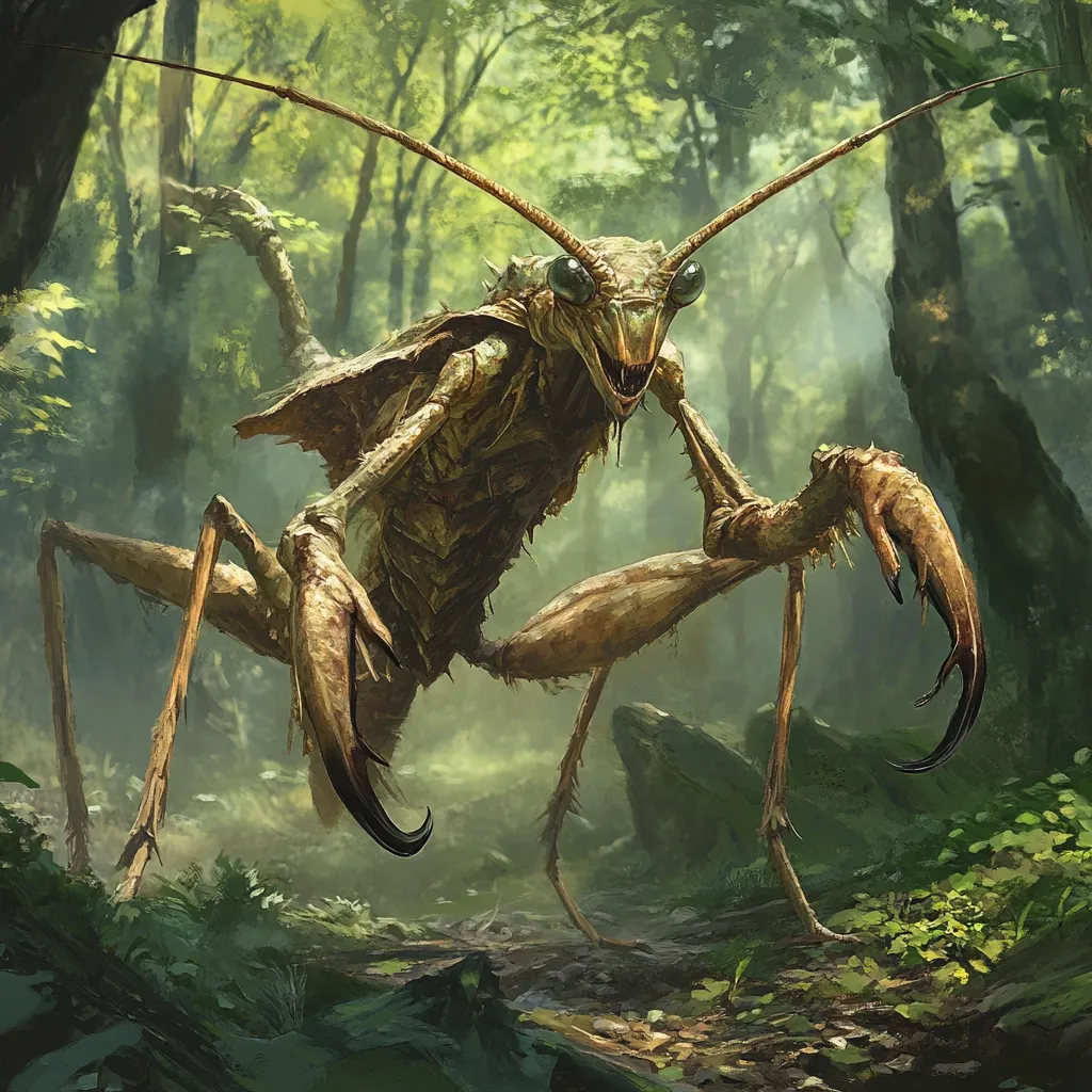 Here's a description of the image:

The illustration depicts a monstrous insect-like creature, reminiscent of a praying mantis, standing in a verdant forest.  Its body is a pale, earthy brown, appearing chitinous and segmented.  Long, spindly legs support its bulky torso, and large, clawed forelimbs are positioned defensively.  Its head boasts prominent, multifaceted eyes and a gaping maw filled with sharp teeth.  The creature’s antennae extend outward, adding to its imposing size. The background features soft, diffused light filtering through the dense foliage of the woodland.