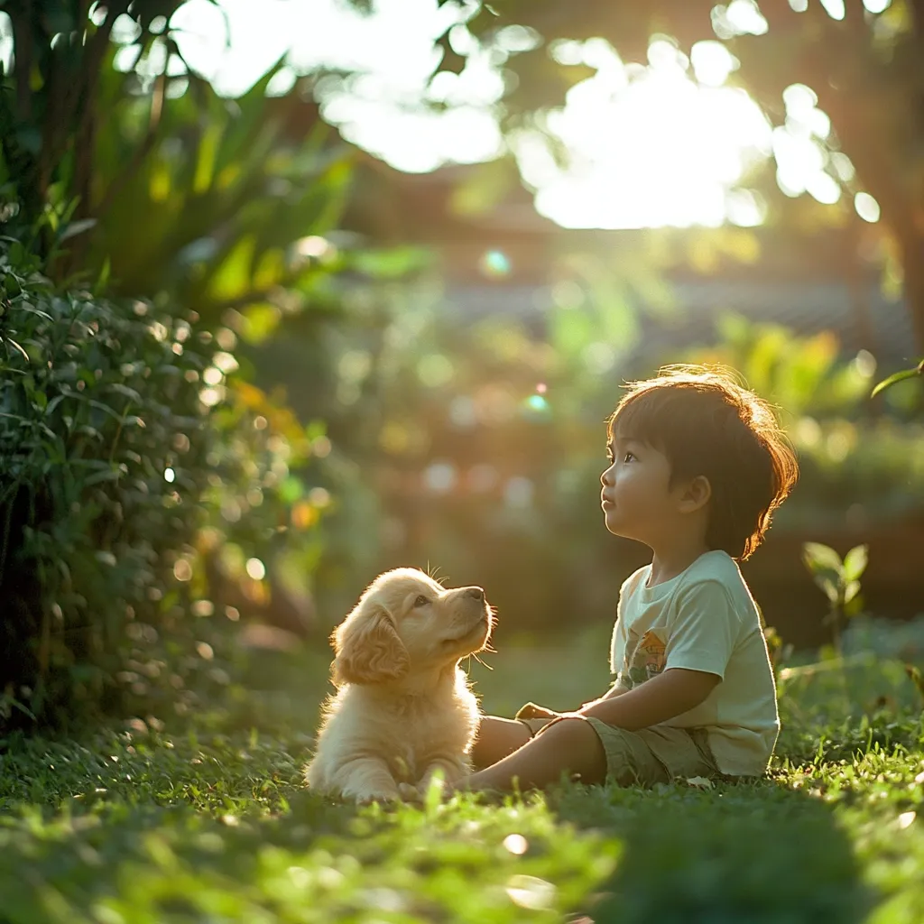 Here is a description of the image:

A young child, possibly Asian, with short brown hair sits on a grassy lawn, gazing upward. Beside the child sits a fluffy golden retriever puppy, also looking up.  The sun shines brightly from behind, creating a warm, backlit effect. The setting is outdoors, surrounded by lush green foliage, with a blurred background suggesting a garden or park. The scene is peaceful and evokes feelings of innocence and companionship between the child and the puppy.  The overall lighting and composition create a serene and heartwarming image.