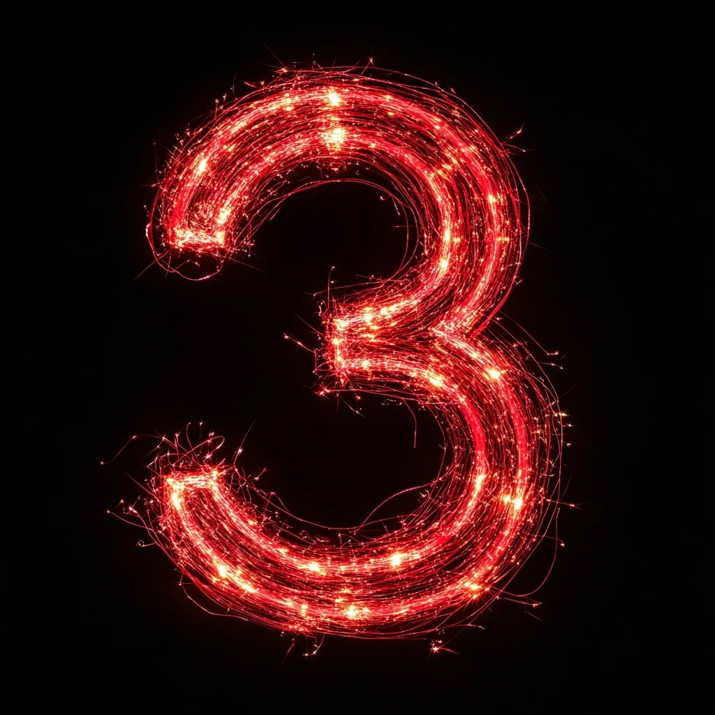 Here's a description of the image:

The image showcases the number "3" created using fiery light trails, likely from sparklers.  The number is bright red-orange, with numerous glittering sparks radiating outwards from the main trails. The background is completely black, providing a stark contrast and making the fiery "3" the focal point.  The effect is dynamic and visually striking, suggesting motion and energy. The "3" appears to have been drawn in the air using a long exposure photograph.