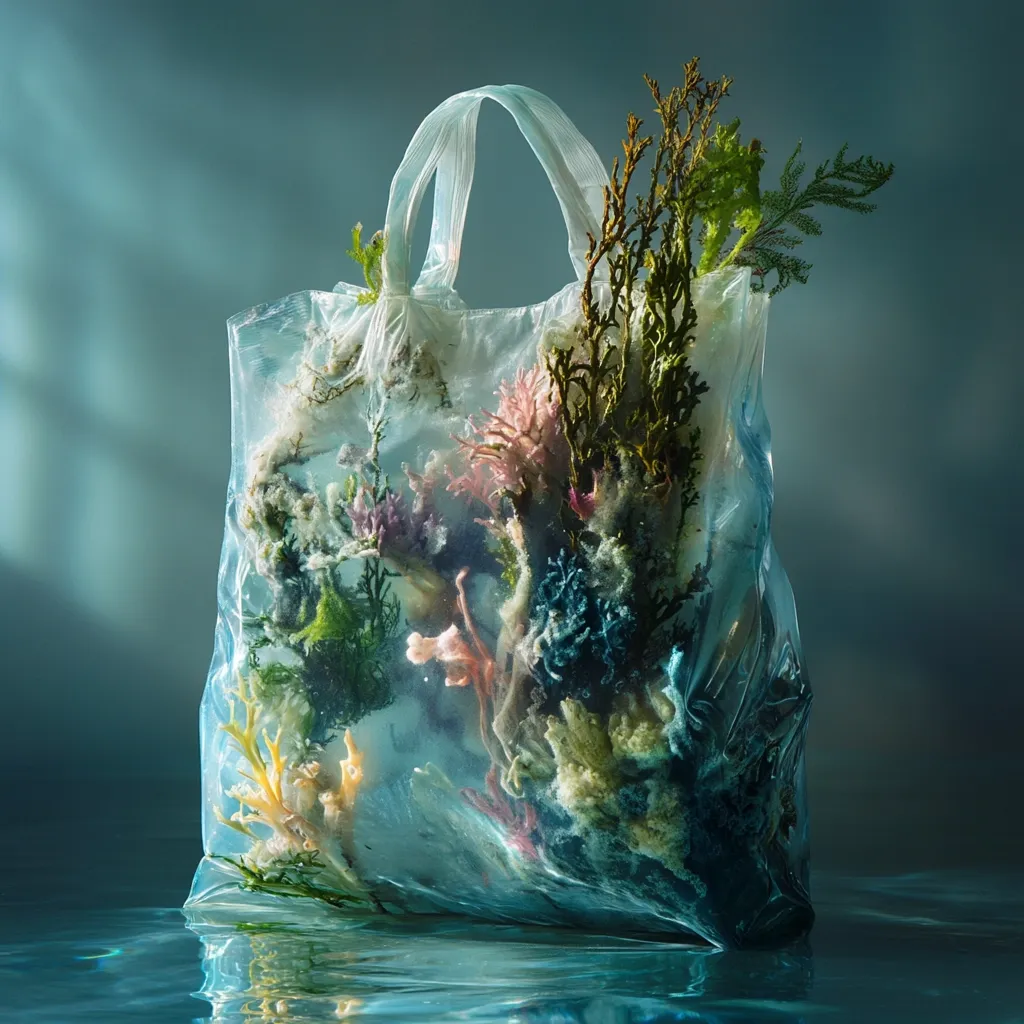 Here's a description of the image:

A plastic shopping bag, partially submerged in teal water, contains a vibrant array of coral and seaweed. The bag's transparency showcases the colorful marine life within, creating a striking contrast between the synthetic material and the natural elements.  The scene is softly lit, with light filtering through the bag and reflecting on the water's surface, enhancing the ethereal quality of the image. The overall effect suggests a poignant commentary on pollution and the fragility of ocean ecosystems.