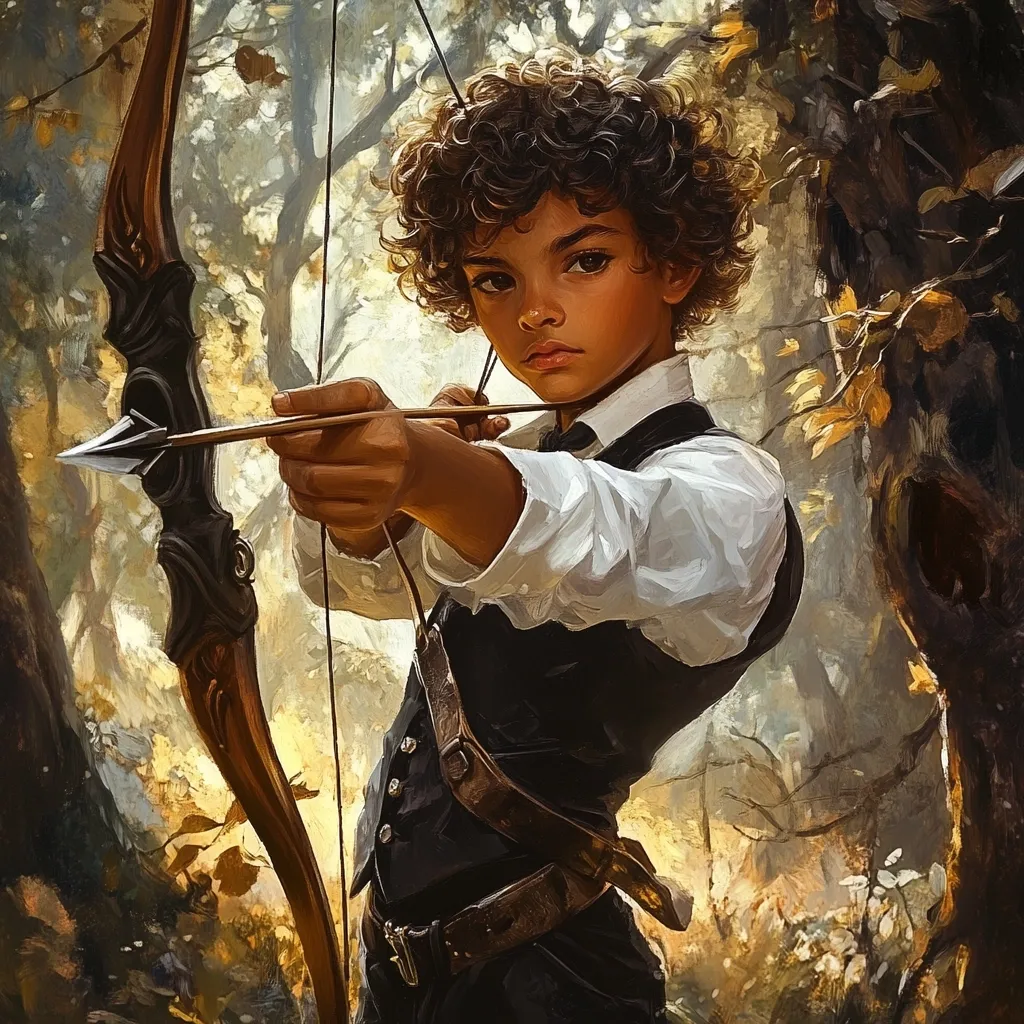Here's a description of the image:

The painting depicts a young boy with dark, curly hair, dressed in a dark waistcoat and white shirt, aiming a bow and arrow. His expression is serious and focused. The bow is large and ornate, with a dark brown wooden body and what appears to be metal accents. The background is a softly rendered forest scene, with muted autumnal colors and blurry trees. The overall style is painterly, with visible brushstrokes creating texture and depth.  The boy's stance and the composition suggest both skill and determination. The lighting emphasizes the boy and the bow, drawing the viewer's eye to the central action.