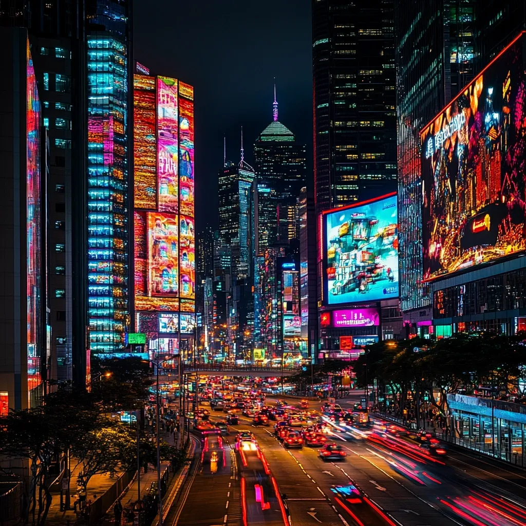 Here's a description of the image:

A vibrant nighttime cityscape, likely in Hong Kong, is awash in the colorful glow of countless illuminated advertisements plastered across towering skyscrapers.  The buildings are densely packed, their facades a kaleidoscope of light and digital displays. A busy street below is filled with car light trails, creating streaks of red and white against the dark asphalt. The overall scene is one of intense urban energy and visual stimulation, showcasing the city's dynamic and bustling atmosphere.