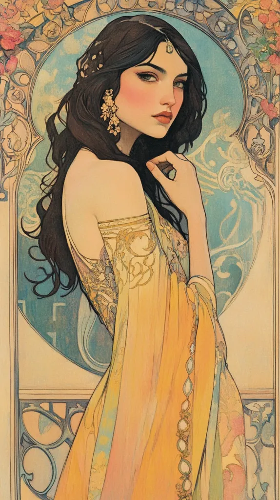 Here's a description of the image:

The artwork depicts a woman in Art Nouveau style, elegantly dressed in a flowing, pale yellow robe adorned with intricate gold detailing. Her dark hair cascades down her shoulders, accented by delicate floral hairpieces and golden earrings.  Her expression is serene yet captivating, her gaze directed slightly away from the viewer. The background features a stylized Art Nouveau frame with floral motifs and swirling, pastel-colored patterns evocative of clouds or water. The overall color palette is soft and muted, creating a dreamlike atmosphere. The image is highly detailed and showcases a mastery of line and color, characteristic of Art Nouveau illustration.