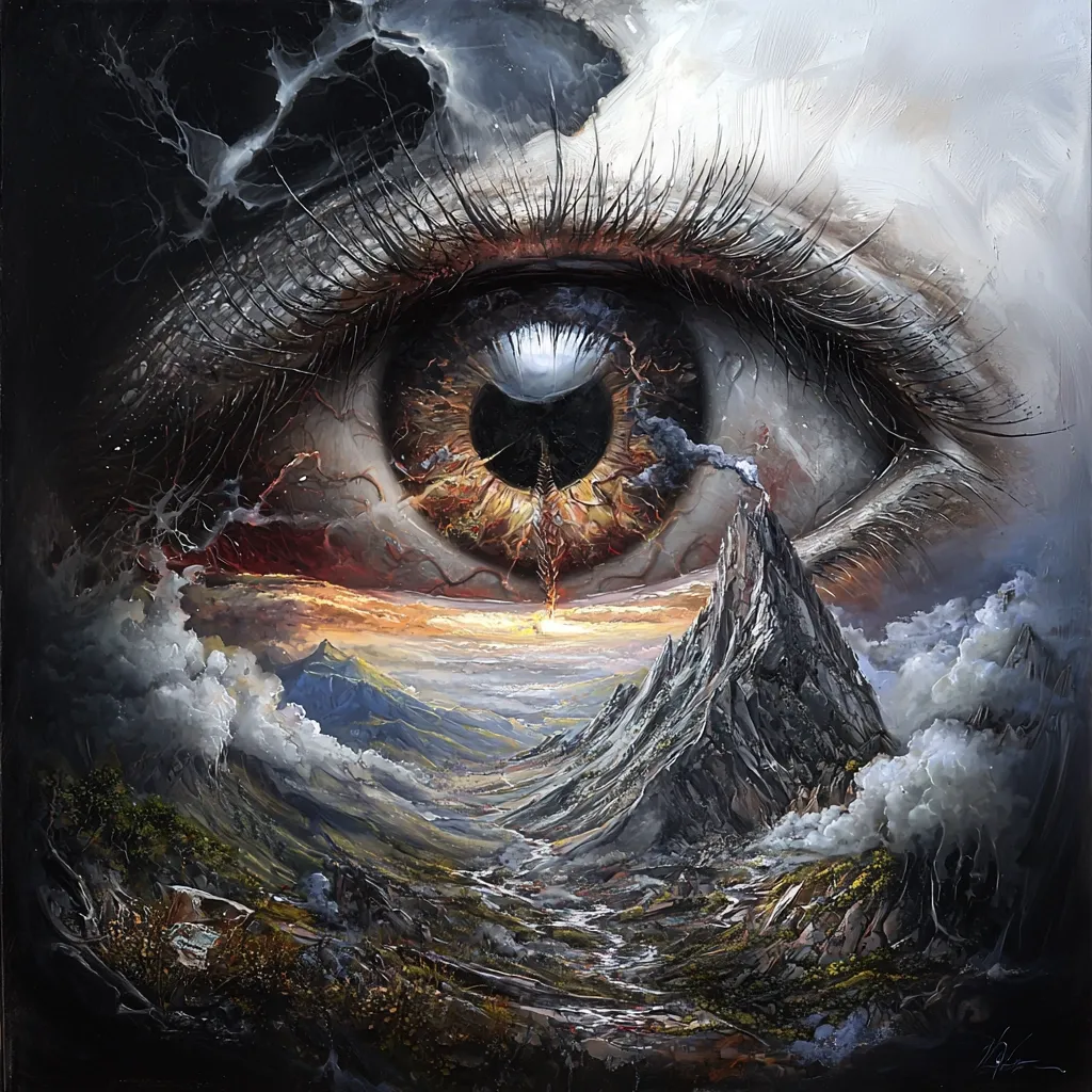Here's a description of the image:

The artwork is a surreal painting depicting a giant eye whose iris contains a landscape.  The eye, highly detailed with realistic eyelashes, dominates the canvas.  Within the iris, a dramatic mountain range unfolds, with a volcano erupting at its center, casting fiery light across a valley.  Dark, stormy clouds contrast with a warm, sunset sky. The overall style is dark fantasy or surrealism, blending hyperrealistic elements with imaginative scenery. The eye's pupil acts as a focal point, drawing the viewer into the miniature world within.