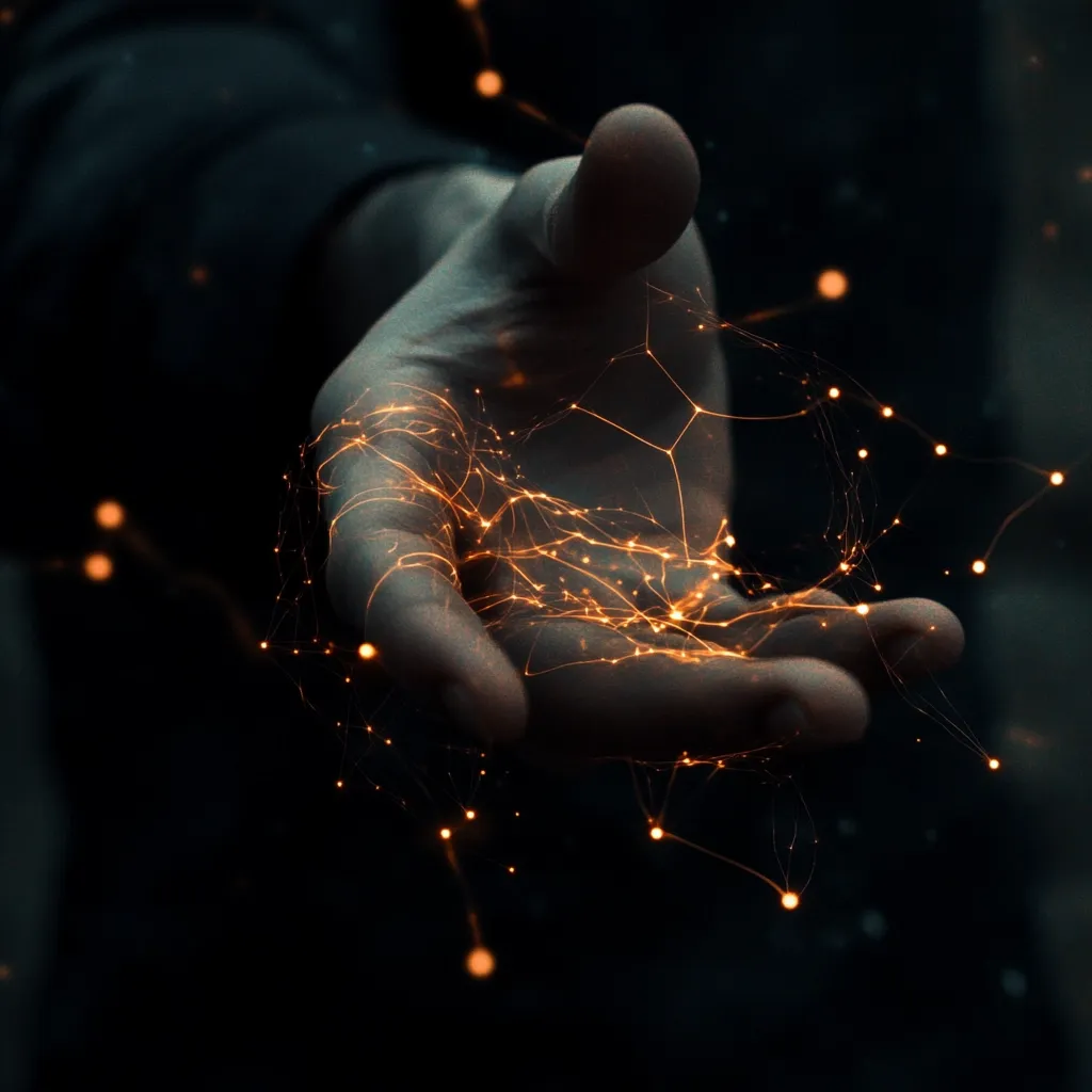 Here's a description of the image:

An outstretched hand, partially visible against a dark background, cradles a network of glowing orange lines and points of light. The lines resemble a complex web or constellation, emanating from and resting on the palm. The overall mood is dark, mysterious, and suggestive of technology, magic, or connection.  The image has a high contrast, with the bright lights stark against the deep shadows. The focus is sharp on the hand and the light network.