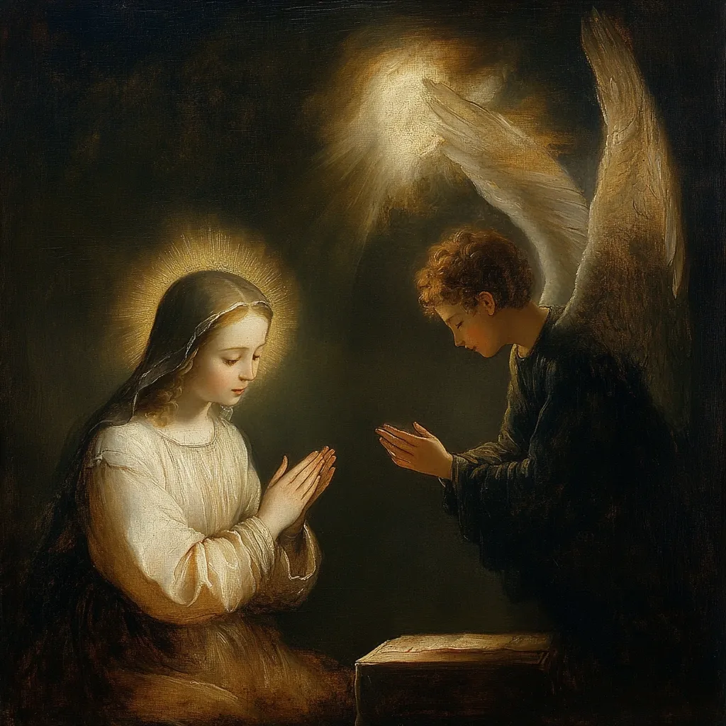 The painting depicts the Annunciation.  A young, serene Virgin Mary, clad in a white robe and veiled, sits with clasped hands, illuminated by a soft golden halo.  Before her kneels a cherubic angel, wings outstretched, his dark robe contrasting with the lighter tones of Mary.  A glowing light emanates from above the angel, emphasizing the divine nature of the message. The scene is dark and intimate, focusing attention on the figures and the sacred moment of announcement.  The overall mood is one of reverence and quiet contemplation.