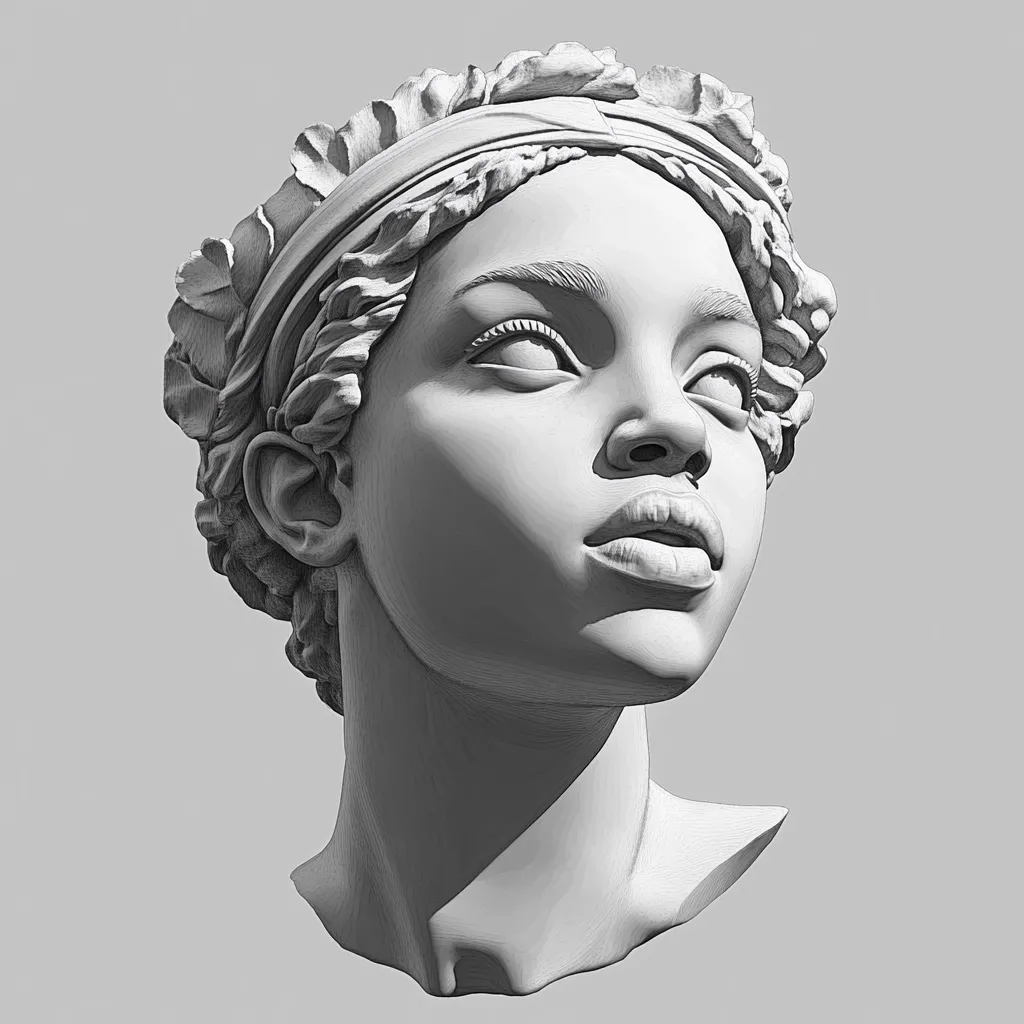 Here's a description of the image:

The image is a grayscale rendering of a bust sculpture depicting a young woman.  She is adorned with a leaf-like headdress or crown that frames her face. Her gaze is directed upward and slightly to her right, giving an air of contemplation or yearning. The style is reminiscent of classical Greco-Roman sculpture, but with a contemporary twist; the woman's features and the rendering style hint at modern artistic interpretations of classical forms.  The lighting highlights the texture and form of the sculpture, emphasizing the detail in her hair and facial features. The overall effect is both serene and striking.